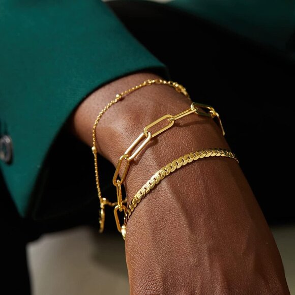 Dainty Layering Bracelets for Women 18 k Gold Plated Fashion Adjustable Chunky C - Picture 5 of 7